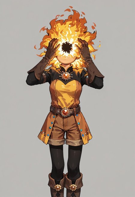 score_9, score_8_up, score_7_up, solo,
lord_of_frenzy, fire head,
novakin, faceless, no eyes, no mouth, no nose, no facial features, short fiery yellow orange hair, body made of black plasma,
open hands, hands on face front,
hands on own head, 
magical girl outfit, (steampunk dress:1.1), boots, (brown shorts:1.1), black tights, medium breasts, belt, gloves, 
(headache:1.1), (mad:1.1), (lean back:1.1), (dynamic pose:1.2), head up, head tilt, 
simple background, grey background,
in yoshidanatsumi artstyle