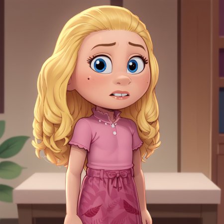 score_9_up, BREAK,  1girl, solo, JAYDAWENGER, long hair, blonde hair, blue eyes, pink shirt, skirt, cowboy shot, indoors, depth of field, looking at viewer, dop style <lora:JaydaWenger_PXL_Leaf1:1>