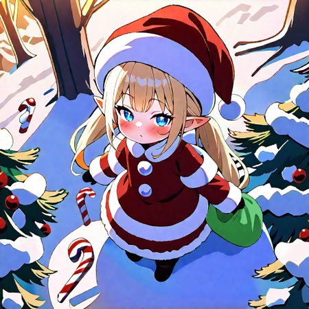 1girl, solo, best quality, very aesthetic, (((masterpiece))), lalafell, pointy ears, shortstack. blue eyes, blonde, twintails, santa outfit, christmas, red dress, santa hat, cute, blush, ((mesugaki)), outdoors, blush, arrogant, from above, quality, forest, winter, candy cane, peppermint, <lora:e9f3f5cc-3ec3-4b47-b8a9-c1cf70ef5f34:1.4>, <lora:mesugaki_Illust_v1:0.8>, CHRC4ND7, <lora:Christmas_Candy:1>, 