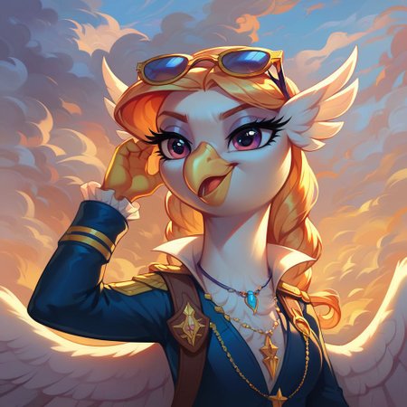 masterpiece, score_9, score_8_up, score_7_up, (best quality:1.1), ultra-detailed, high resolution, 2character, Hippogriff, modeled after Douglas MacArthur, smoke, sunglasses, (beautiful detailed eyes), Long eyelashes, Highly Visible, (((8k))), Hippogriff, MLP, G4, from Equestria at War, female, general militaristic outfit, general of the Hippogriffia, sharp focus, perfect lighting, beautiful eyes, detailed outfit, long eyelashes, anatomically correct, extremely detailed, (Mount Aris in the background), shine on body, high detail, serious facial expression, Expressiveh, detailed background, OverallDetail, zPDXL2
