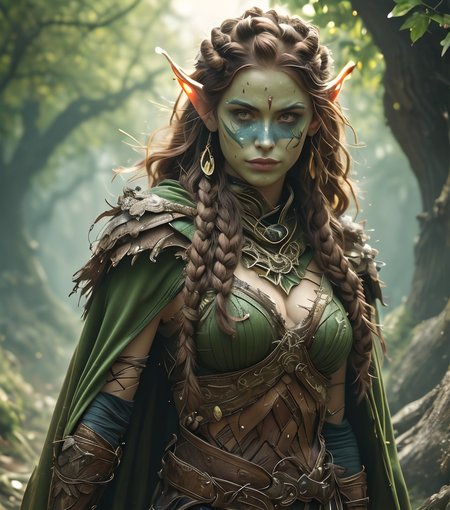 RAW photo, (masterpiece:1.3), subsurface scattering, heavy shadow, (high quality:1.4), (intricate, high detail:1.2), professional photography, HDR, High Dynamic Range, realistic, ultra realistic, photorealistic, high resolution, film photography, ambient lighting, atmospheric effects, <lora:detail_slider_v4:2>, OverallDetail, a female wildelf warrior, auburn hair, green cloak, headdress, jewelry, facepaint, feral brown armor, in the forest, dynamic pose, <lora:Wildelf:1>, epiCPhoto,  <lora:zoom_slider_v1:-3>