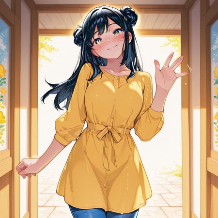 highres, ultra-detailed, illustration, colourful, masterpiece, 8k, soft lighting, (1girl, black hair, double buns, yellow dress, blue denim pants) , staning , cowboy shot , cheerful , looking at viewer , waving , beautiful , blush , cute face , head tilt