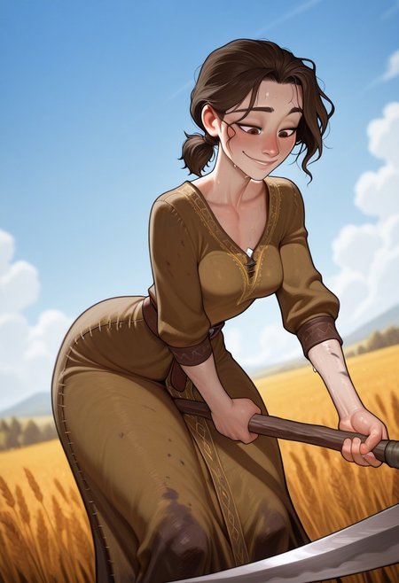 masterpiece, best quality, amazing quality,
artist: melkor, artist: incase, fair skin, slim, medium perky breasts, chromatic aberration, blurred background, dimmed background,  alluring, pose,
detailed character, detailed face, detailed skin, detailed hair, green linen medieval peasant dress, brown belt, brown stitching,
1girl, beautiful 18 year old russian czech stepmom, perfect face, brunette hair, short ponytail, hazel eyes, thick thighs, dynamic angle, sweaty, hair tucked behind her ear, medieval, field of wheat, blue skies, white clouds, hot sunny day,
Holding a medieval scythe, working the fields, looking down, bent over, smiling, sweating, mud, grime, dirty, tired, messy hair