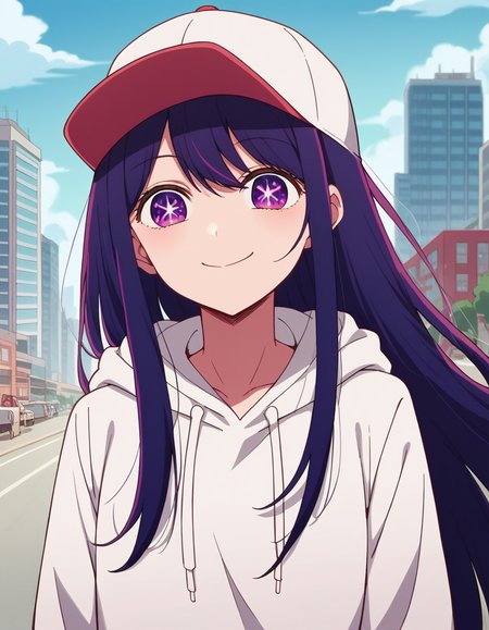 score_9, score_8_up, score_7_up, source_anime,
aihoshino, <lora:ai-hoshino-s1-ponyxl-lora-nochekaiser:1>,
ai hoshino, long hair, bangs, purple eyes, purple hair, symbol-shaped pupils,
hood, hoodie, hood down, long sleeves, white hoodie, hat, baseball cap,
cityscape, street, smile,
looking at viewer, cowboy shot, dutch angle, solo,