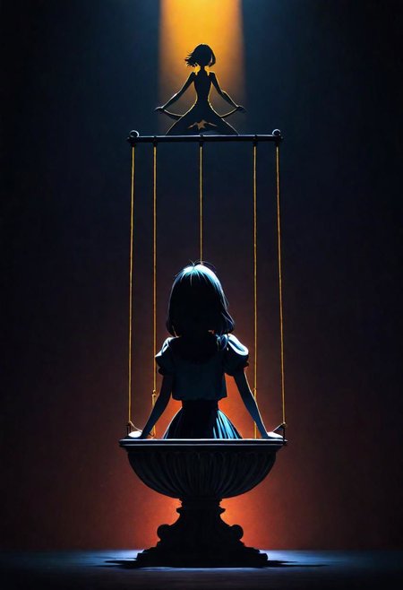 Generate an illustration of an anime puppeteer manipulating shadows and strings, symbolizing the art of puppeteer moves in dark psychology. The figure should have a mysterious aura., poster, typography, vibrant, cinematic, photo, 3d render