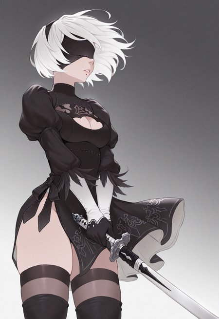 <lora:Style_Cheshirr-IL:0.8> cheshirr_style, intricate clothing folds, character accurate, 

[1girl, solo, white hair, short hair, hairband, black blindfold, 2B (nier:automata), black dress, gloves, thighhighs], 

standing, holding sword, fighting stance, v arms, floating hair, upper body, looking ahead, white background.