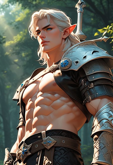 (score_9, score_8_up), score_7_up, solo, mythp0rt, half body shot, 1boy, handsome, a black witcher  outfit , pointy elf ears, white hair, short, hair, fair skin, blue eyes, framed body, chiseled refined manly features, muscular, black leather armor, sword, forest, dappled sunlight, upper body, looking at viewer, shine, shine of steel, from below .