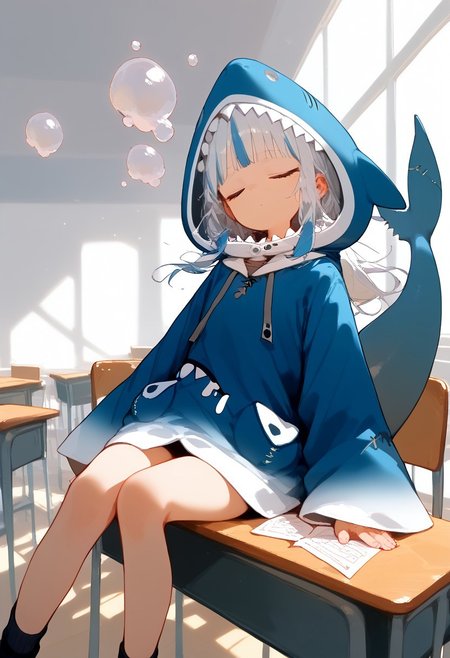 score_9, score_8_up, score_7_up, score_6_up, source_anime, 
1girl, gawr gura, blue hoodie, shark hood, shark tail,BREAK, sleeping, desk, classroom, windows, sun shinning, floating, dreaming, dream, bubbles, (lay in floating bubble:1.5)