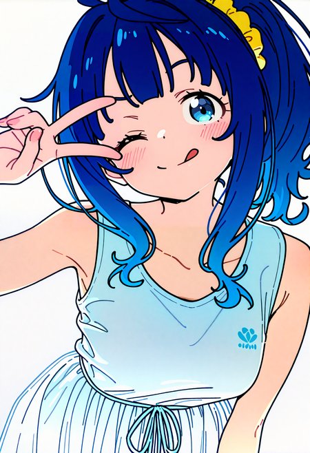 (masterpiece, best quality, very awa, newest, very aesthetic, highres, absurdres:1.2), simple background, white background, <lora:kanzaki.il:0.9>, kanzaki , BREAK
1girl, solo, <lora:MakeHeroineGaOosugiru_YanamiAnna_IlluXL:0.85> ponytail, long hair, blue hair, blue eyes, ahoge, hair scrunchie, yellow scrunchie, hand up, one eye closed, tongue out, smile,  v,  
sleeveless dress, white dress, waist ribbon, cowboy shot,  BREAK 
<lora:spo_sdxl_10ep_4k-data_lora_webui:0.85> ,<lora:illustrious_noobai_epsilon_pred_1_best_quality_v1:0.7>, 
<lora:ai_styles_collection_noob_eps-1.1_v3.1:0.5>  <lora:illustrious_noobai_epsilon_pred_1_masterpieces_v1:0.7>