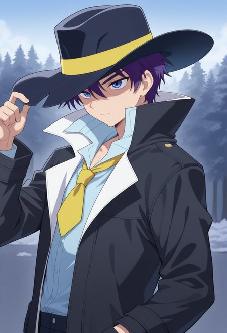 masterpiece,best quality,amazing quality, source_anime, 
sheido, 1boy, male focus, solo, blue eyes, purple hair, hat, black headwear, shirt, blue shirt, popped collar, necktie, yellow necktie, coat, black coat, open coat,
outdoor,
