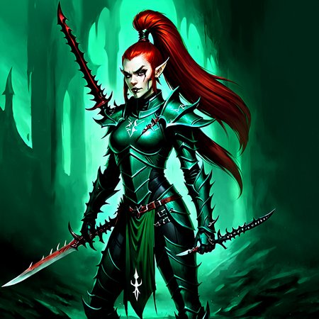 <lora:aeldari_xl_7:1> aeldari, drukhari, standart drukhari, drukhari's armor, 1girl, solo, long hair, hair ornament, ponytail, weapon, red hair, pointy ears, sword, hand on hip,  knife, shoulder armor, pauldrons, breastplate, dagger,  armor