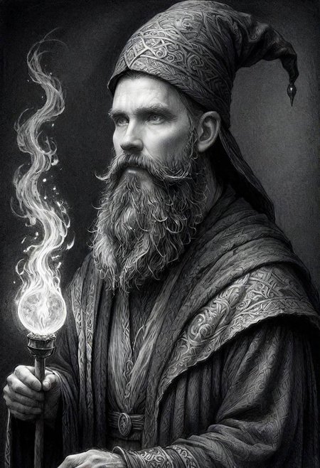 ink art, a black and white drawing of a bearded man wizard,  35 yo, a charcoal drawing by Ed Binkley, cgsociety, fantasy art, charcoal drawing, pencil sketch, detailed painting