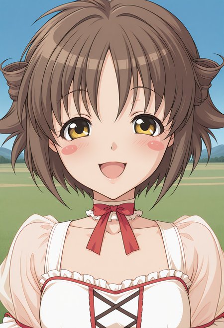 enomoto_aya, yellow eyes, brown hair, short hair, blush stickers, choker, ribbon, frilled leotard, see-through, <lora:enomoto_aya_illustrious_ver1:0.8> 
smile, open mouth,, masterpiece, best quality, sensitive,, 1girl, solo, blue sky, (grasslands:1.2), looking at viewer,, (upper body:1.2), (close-up:1.2), (facing viewer:1.2), (open eyes:1.4), (portrait:1.2)