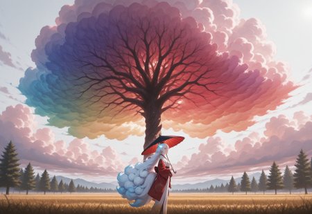 masterpiece, best quality, absurdres,anime style,detailed eyes,
1 female solo,((((Cloud hair)))),long hair,blue eyes,kitsune tails,white kimono,red sleeves,golden embroidery,
wide shot,from side,feet out of frame,low angle,
looking to the left,sun umbrella,washi umbrella,multicollored umbrella,red umbrella,black umbrella,walking along rye field,

white background, ((((tree with huge fluffy Clouds as treecrown)))),((((rainbow gradient cloud))))