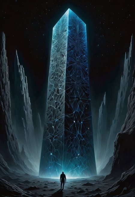 Echoes in the Void: In the heart of an endless, pitch-black expanse, a colossal, crystalline monolith rises like a beacon of light. The surface of the monolith is etched with an intricate network of pulsating, iridescent patterns that seem to reverberate with an otherworldly energy.
