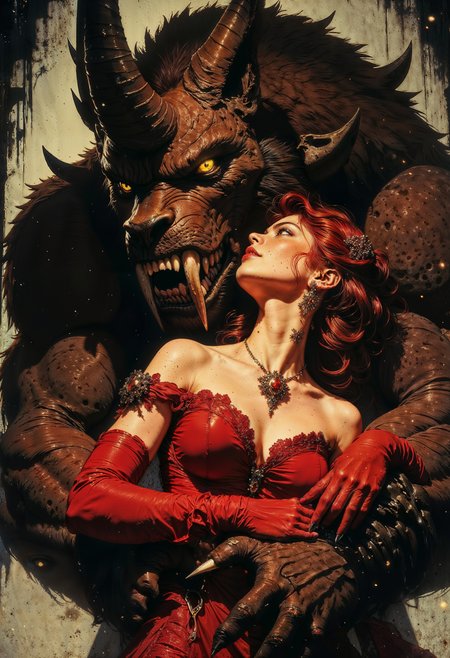 beauty and the beast. a highly detailed, digital painting in a fantasy style. It features a woman and a large, menacing beast in a close, intimate embrace. The woman is a fair-skinned, red-haired woman with delicate features, dressed in an off-the-shoulder, red gown with lace detailing. She wears long, red gloves that reach her elbows. Her expression is serene and calm, suggesting trust or affection. Her hair is styled in soft curls, and she has a subtle, elegant makeup look.
The beast is a large, fearsome creature with a muscular build, covered in thick, dark brown fur. It has sharp, curved horns, tusks protruding from its mouth, and glowing yellow eyes that exude a menacing aura. The creature's fur is textured to appear rough and dense, contrasting with the smoothness of the woman's gown. It has large, clawed hands that gently cradle the woman, and its face is close to hers, as if they are sharing a moment of intimacy.
The background is a mix of dark, muted tones with hints of snowflakes falling, adding a sense of cold and magic to the scene. The overall mood of the painting is one of contrast between danger and tenderness. <lora:FluxMythG0thicL1nes:0.6> <lora:Luminous_Shadowscape:0.6> <lora:FredFraiStyle-FLUX-Share:0.6>  <lora:RetroAnimeFluxV1:0.6>