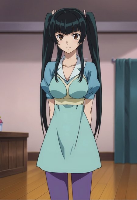score_9,score_8_up,score_7_up,anime coloring BREAK source_anime,anime,<lora:Wang_Liu_Mei_Gundam_00_Pony:0.7>,liumei,1girl,solo,brown eyes,black hair,twintails,long hair,blue dress,pirple pants,smile,arms behind back,standing,indoors,