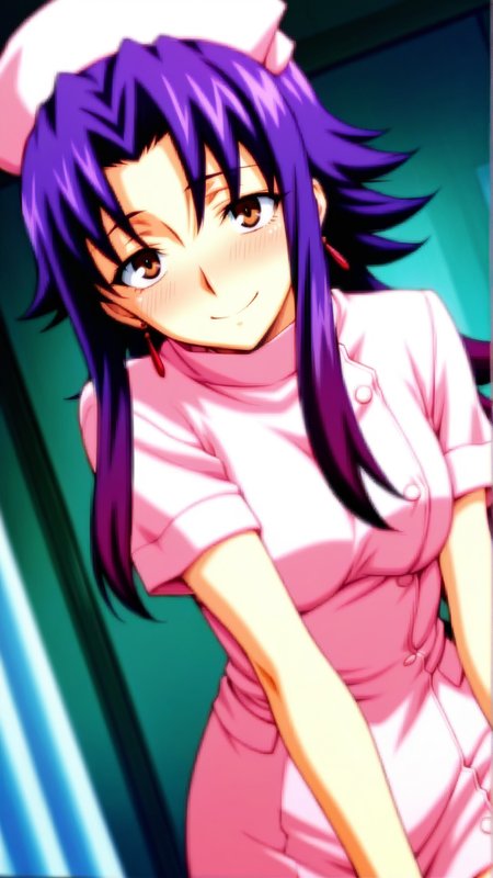 source_anime, genral, best quality, masterpiece, 1girl,  <lora:Clavier_Argo_ill_v1.0:1> clavier_argo\(srw\),brown eyes, purple hair,parted bangs, sidelocks,gradient hair,long hair, earrings, jewelry, tareme, nurse, (sanpaku:0.8) , happy, embarrassed,   dynamic pose, dutch angle, cowboy shot,
