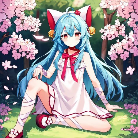 score_9, score_8_up, score_7_up, score_6_up, score_5_up, score_4_up, source_anime, BREAK
t4ffy, 1girl, solo, pink eyes, fake animal ears, blue hair, hair bell, long hair, 
neck ribbon, arm ribbon, leg ribbon, dress, red bow,
sitting, wariza, looking at viewer,
cherry blossoms, <lora:taffy_t4ffy_v1:0.9>