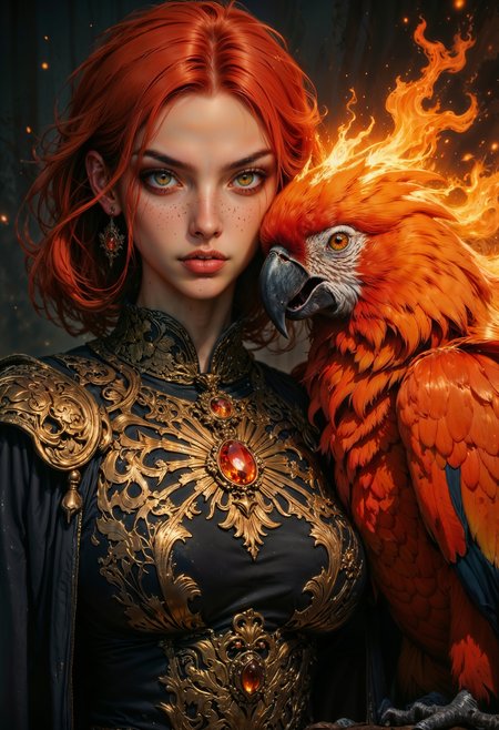 A fierce young woman with fiery red hair and golden eyes stands beside a majestic parrot, their gazes burning with the same intensity. Her freckled skin glows in the warm light of the flames that dance around them. She wears an ornate black and gold embroidered vest adorned with intricate sunburst patterns, a matching pendant with an amber gemstone resting at her throat. Her expression is intense, determined, and regal. The parrot, its feathers a radiant blend of molten gold and orange, presses close to her, its sharp beak and piercing eyes exuding power and wisdom. Embers float in the air, casting an ethereal glow against the dark background, as if the world itself bends to their presence.