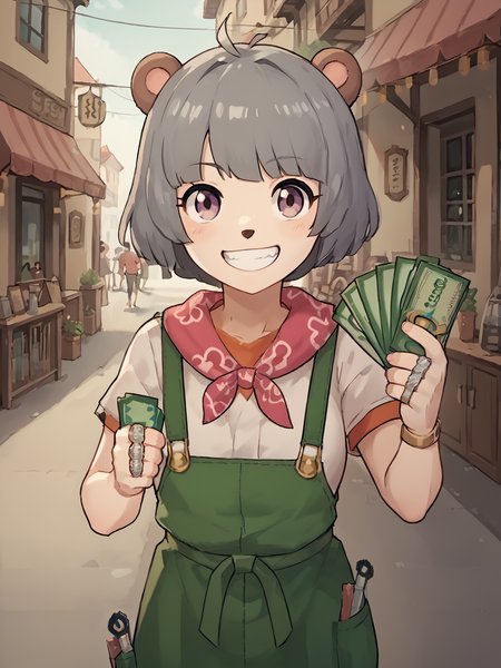 1girl, solo,  high quality, score_9_up, score_8_up, score_7_up, <lora:pnpk_A02:0.8>  <lora:gangstersb-guy-PONYv1:1.2> gangstersb holding money smile