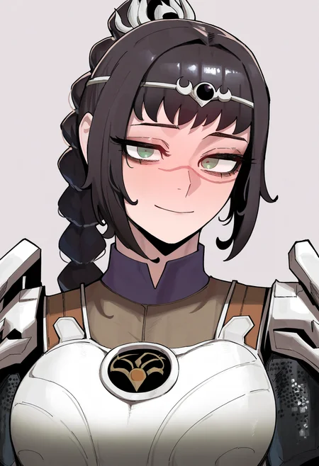 best quality, amazing quality, very aesthetic, absurdres,
1girl, solo, shadowheart, black hair, braided ponytail, green eyes, scar on face, circlet, armor, large breasts,
smile, looking at viewer, upper body, simple background, white background, <lora:ShadowHeartIllustrious_byKonan:0.8>,  <lora:Azz0422Noob_byKonan:1>