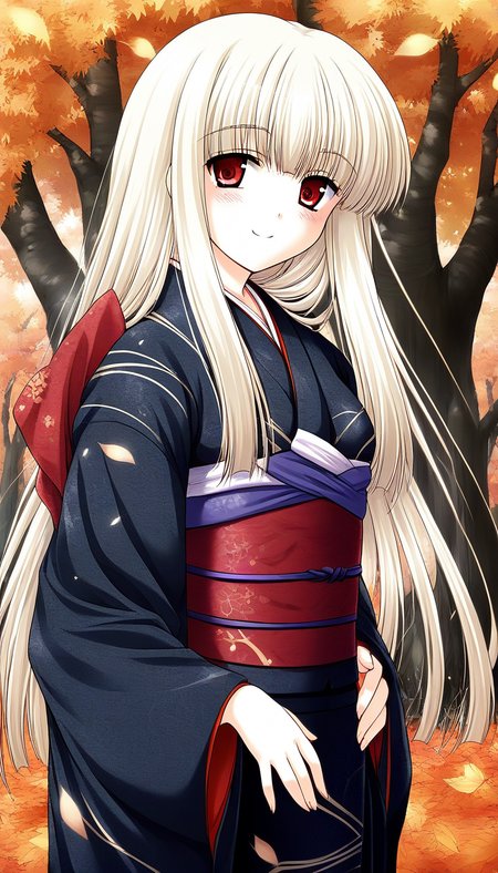 score_9, score_8_up, score_7_up, source_anime, rating_explicit, BREAK   <lora:Rindou_Ver2.0_XL:1> Rindou, solo, red eyes, long hair, white hair, blonde hair, albino,
japanese clothes,  sash, black kimono, obi,
autumn,  long sleeves, tree, blush, black kimono,
light_smile,
looking at viewer, 
cowboy_Shot,
