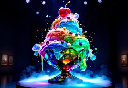 A colossal jewel-themed sundae towers on a polished obsidian pedestal, encased in a diamond-cut crystal chalice that refracts light into vivid rainbows. The sundae’s layers glisten like precious gems:  
- Ruby sorbet: with fiery, crystalline flecks.  
- Sapphire cream: with velvety marbled patterns.  
- Emerald swirl: streaked with golden veins.  
Toppings include faceted candy gems - ruby, sapphire, and emerald - scattered like treasure, iridescent pearl spheres, and cascading ribbons of shimmering gold leaf. A massive garnet-like candy cherry crowns the sundae, supported by sparkling spun platinum sugar threads.
The display glows under dramatic lighting, casting vibrant jewel-toned reflections onto the pedestal and surrounding gallery walls. Mist drifts at the base, enhancing its ethereal presence. The rich jewel tones, bold highlights, and deep shadows create a vivid, hyper-realistic atmosphere, making the sundae feel both luxurious and otherworldly.
