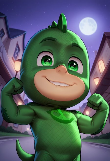 (score_9, score_8_up, score_7_up), highly detailed, cute boy, masterpiece, best quality, high quality, detailed, round face, round eyes, round pupils, shining eyes, petite, flat chested, aged down, cute, kawaii, short, 1boy, solo, Gekko Costume, Green Bodysuit, Green Eyes, Mask, Tail, looking at biceps, flexing arms, at night, strong, full moon, smug smile, narrowed eyes, biting lip, low angle view, perfect detail, perfect eyes, perfect face, perfect mouth, night time, moonlighting, empty streets, outdoors, street, city background, textured costume, bold lines, volumetric lighting, moon in background, ((blurred detailed background)), natural lighting, (ray tracing, good shadows), young