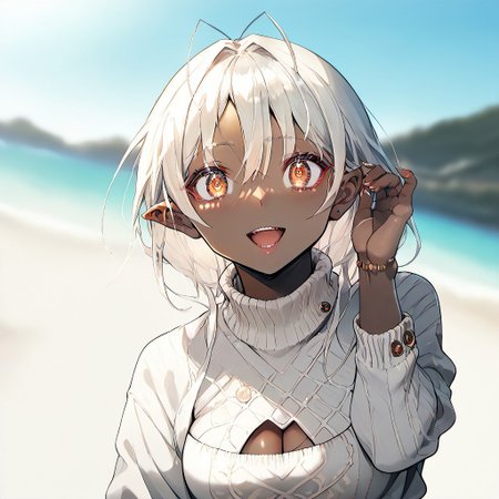 score_9, score_8_up, score_7_up, score_6_up, source_anime, outdoors, beach, ocean, , ((chromatic aberation, blurry background)), sunlight, solo, , ((( detailed lighting, rendered, beatiful eyes, perfect hair, detailed face and body, detail1eye))),<lora:MuramasaSanseiPonyV1:0.8> murasansei, sweater, cleavage cutout, large breasts, jeans, looking at viewer, smile, hand up, fingernails, looking at viewer, open mouth, smile, adjusting hair,ARKNIGHTS NOBODY