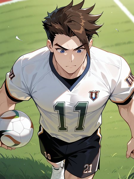 anthro,masterpiece,best quality,amazing quality,very aesthetic,absurdres,1boy,newest,male,absolute_territory,pectorals,detailed,feet,muscular,gao xun,brown hair,short hair,blue eyes,spiky hair,<lora:é«è¿:1>,outdoor,day,cowboy_shot,standing on the grass of the football field,foot on football,from the front,wearing a white football uniform,black shorts,white sneakers,football,