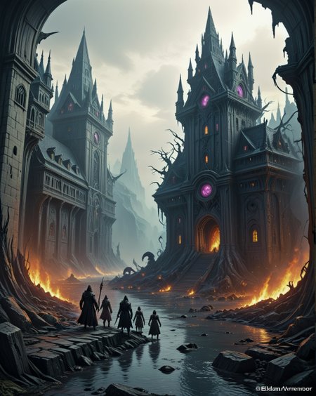 dark fantasy obsidian-shard archive with,,
random party of adventurers in landcscape,
 <lora:ral-dark-fantasy-il:0.25> dark fantasy, eldritch horror, mythology, apocalyptic
<lora:extremely_detailed:0.8> extremely detailed,
<lora:DetailMaximizer:0.7> 
 <lora:Dream Scenery XL:0.3> Dream Scenery,
<lora:add-detail-xl:0.3>,
detailxl,