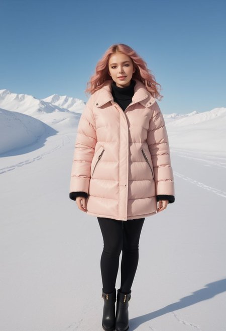 white Oversized shearling padded down jacket, white Oversized shearling padded puffer jacket, white Oversized shearling padded down coat, white Oversized shearling padded puffer coat, Oversized shearling padded winter clothes, very very cold, realistic, feet out of frame, standing, walking, 1girl, solo, masterpiece, illustration, beautiful detailed sky, beautiful-detailed eyes, eyeliner, eyelashes, arrogant, half-closed eyes, condescending look, condescending satisfied look, condescending light smile, seductive look, lookng at viewer, cinematic light, ultra detailed, disheveled hair, pink hair, long hair, light blue eyes, curly hair, middle breasts, pink choker, bracelet, wet, day, sky, sunlight, (pressure cuffs:1.8), (pressure collar:1.8), (Thick padded cuffs:1.4), (Thick padded collar:1.4), <lora:Collar-SDXL:0.75>, <lora:Cuffs-SDXL:0.75>, <lora:fashion_lora:0.6>