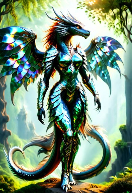 A breathtaking humanoid dragon warrior stands in a striking, battle-ready pose, her form covered in overlapping, iridescent CD-like scales that shimmer in silver, gold, and prismatic hues, reflecting light in mesmerizing patterns. Each scale is intricately layered, creating a mottled, armor-like texture reminiscent of a mythical creature fused with futuristic elements. Her fierce, piercing gaze and powerful stance exude confidence and dominance, embodying the essence of an unstoppable warrior.
The fantasy RPG-inspired setting places her in a lush, enchanted world—ancient, gnarled trees with glowing vines frame the scene while mist swirls around her feet, adding to the mystical atmosphere. The lighting is dramatic and cinematic, with strong highlights emphasizing the reflective quality of her CD armor, making it gleam like a warrior forged from light and sound. The ultra-realistic textures bring out the fine details—the faint scratches on the disks, the subtle prismatic refractions, the sharpness of her talon-like claws.
The overall composition is bold, vivid, and immersive, evoking a sense of wonder and power, capturing the spirit of an untamed yet elegant warrior who stands at the crossroads of technology and mythology.