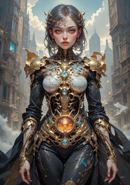 cyborg bride with visualization of all internal details. Gold, crystals, chrome, glitter, on the background of futuristic city.hyperdetailed, intricate , sharp, clear, HDR, high quality , HD, octane render, impressive, vibrant, Refined, perfect, best, contest winner.luxury, wonderful, superb, magical, mesmerizing, enchanting 
 <lora:DarksunRIDDV3:0.6> <lora:flux_hyperkraximalism-crazy:0.6> <lora:Midjourney_-_SemiReal_Dreams_FLUX_LoRA:0.6> <lora:CPA:0.6> <lora:BLUE_mk4_angel_FLUX_01:0.6> <lora:BioInk2FLUX:0.6>