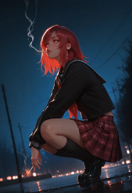 1girl, cigarette, solo, skirt, smoking, squatting, school uniform, night, socks, outdoors, black socks, serafuku, red eyes, sailor collar, black footwear, sky, pleated skirt, red hair, shoes, smoke, long sleeves, blurry, plaid, medium hair, plaid skirt, kneehighs, shirt, night sky, loafers, red neckerchief, blurry background, full body, neckerchief, black shirt, from side, masterwork, masterpiece, best quality, dynamic lighting , dynamic pose,,  dynamic angle, , , (realistic:1.2), (lineless:1.2), detailed, <lora:Detailer_NoobAI_Incrs_v1:1>,