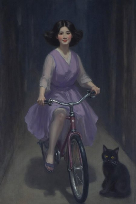 frankowensalisbury1 painting.
A Japanese girl riding a old style bicycle through a narrow, quiet street at night. The happy woman wears a simple, flowing purple dress. In the corner, a small black cat with piercing eyes sits watching her quietly. The mood is tranquil and slightly magical.  <lora:frankowensalisbury1_cap_d8a4:1.0><lora:863239638083478994:0>