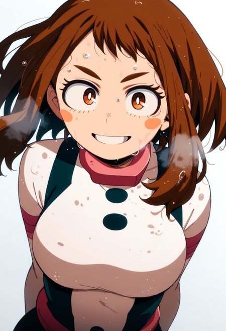 flatshinyskin, score_9, score_8_up, score_7_up , 1girl, 1girl, mosaic censoring, smile, slight seductive pose,, medium breasts, sweating, breasts,, long skirt, 1girl, solo focus, Upper body, hands behind back,  wet, sweaty, sweating, steam
ochako_uraraka, 1girl, score_9, score_8_up, score_7_up, brown hair, brown eyes, white pupil, blush stickers, bodysuit, simple background, solo focus, perfect body, curvey, thick waist, thick body, skin tight dress, , front view, front focus, looking at viewer, seductive expression, smile, teeth,  ANIMESTYLE
 adult, oval face shape, long forehead bangs, milf, ADULT, long forehead bangs, bangs over eye,