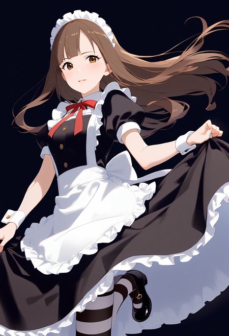 1girl,
mizumoto yukari,


dress, wrist cuffs, frilled skirt, skirt, full body, brown eyes, black footwear, mary janes, striped clothes, blunt bangs, ribbon, looking at viewer, floating hair, parted lips, red ribbon, neck ribbon, frilled apron, shoes, light smile, pantyhose, corset, frills, puffy short sleeves, solo, standing on one leg, blush, petticoat, black background, skirt hold, brown hair, maid headdress, enmaided, standing, white apron, striped pantyhose, long hair, short sleeves, black dress, puffy sleeves, maid, apron,

sfw
<lora:a31_char_new_mizumoto_yukari-000022:1> <lora:a31_style_koni-000010:0.8>