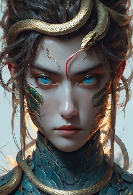 minimalism style, WLOP art style, a character worrior , facial muscles,  eye light, snake behind, cinematic foootage,  fantasy, intricate details,8k post production,dark red gold tone blue  white green