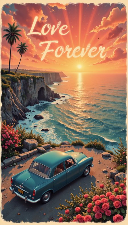 pinkvintagevalentine,
A retro postcard design featuring a classic car parked near a cliffside, overlooking an ocean sunset with "Love Forever" written in cursive.