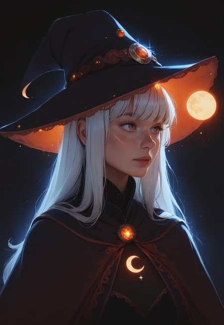 safe_pos, 1girl, silver hair, red lace robes, witch, witch hat, 

magic, glowing, lighting,

long hair, bangs, small breasts, freckles, freckled,

simple ethereal dark background, glowing orange  constellations, crescent moon, upper body, 

score_8, score_9_up,