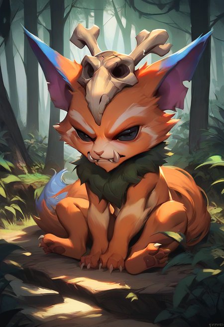 score_9, score_8_up, score_7_up, score_6_up, gn4r, 1boy, yordle, fangs, teeth, skull on head, orange fur, black eyes, tail, full body, forest, 
<lora:Manwha_Anime_Style:1>, manhwastyle, <lora:Gnar_Default_v1:0.75>, solo, looking at viewer, sitting, (sad)