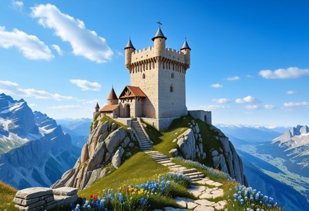 a  crusader watchtower on a (tall rock spire),  (13th Century:1.5), a stairway to the keep, doorway, very wide shot, far out shot, fantasy, blue sky, alpine meadow flowers, best quality, masterpiece, realistic, photo-realistic, amazing, finely detail, ultra-detailed, highres, extremely detailed, 8k wallpaper