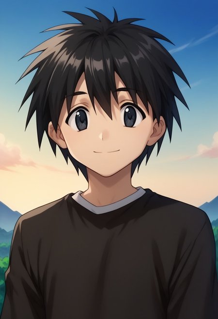 score_9, score_8_up, score_7_up, source_anime, highly detailed, 
ikuto, 1boy, male focus, solo, black hair, hair between eyes, black eyes, shirt, black shirt, white shirt, short over long sleeves,
outdoor, island, palms, sky, upper body, smile,