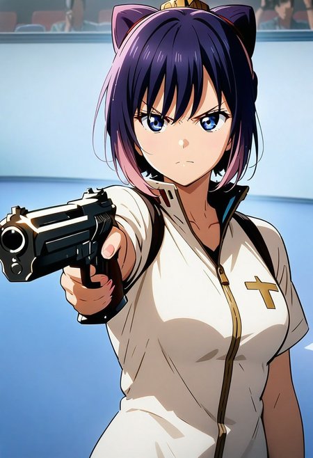 masterpiece, best quality, anime girl, Turkish Killer Pose, Look at the gun, Aiming,