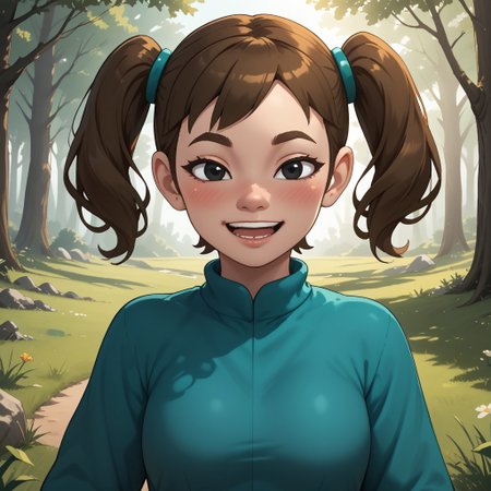 score_9, score_8, BREAK, solo, Mii, Wii, Black Eyes, Half circle eyebrows, big nose, half circle nose, blush, white skin, open mouth, green-ish brown hair, twintails, dark green clothing, 1girl, female mii, Wii Sports Resort, black pants, shoes, cute, medium breasts, Midori_(\Wii_Sports_Resort\), teeth, Nintendo Mii, modern_mii, classic_mii, sexy pose, self portrait, smile, outdoors, sunlight, shadows, evening lighting, natural lighting, forest, trees, grass, orange sky, sunset