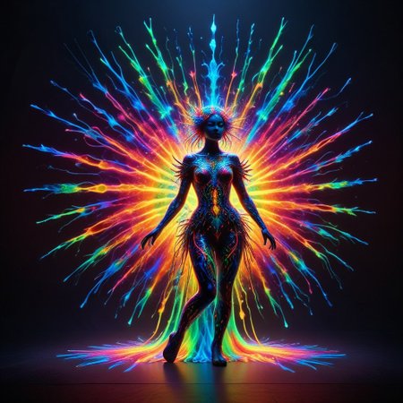 a full body fire entity with multicolored flames, professional photography of an fantastical warrior princess entirely made of cyberflies with whimsical elements, swirling magic, eerie fairytale landscape, elaborate fantasy style art, very colorful, intricate details, ultra sharp, exquisite detail, flawless composition, vivid colors, masterpiece, exciting background, TAS, TASvisuals, Psychedelic , Rave, Elaborate , Blacklight , Vibrant , cyberflies, black light paint, blp, Colorful Chaos Cracks and Drops, mad-glowtiedye, made out of,colorful,liquid,Murano Art Glass