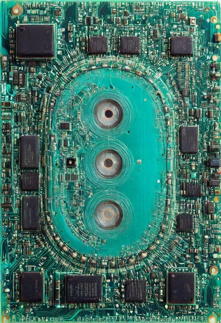 double exposure of opera diva Hatsune Miku with long floating aqua twintails singing high note merging  with a printed circuit board of Yamaha electronics circuitry chip processor motherboard, <lora:DoubleExposure:1>, (head:1.8), <lora:The Phantom of the Opera style:1.5> The Phantom of the Opera style, <lora:loraeyesxl:0.4>