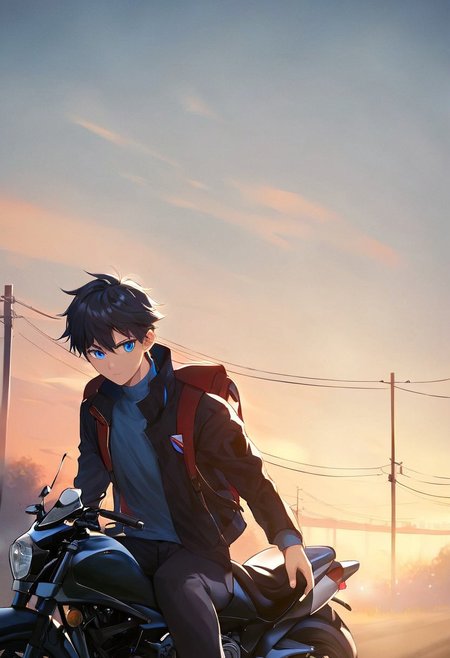 score_9, score_8_up, score_7_up, score_6_up, score_5_up, score_4_up, Gundam_00_Style, (Style: Gundam_00), source_anime,  masterpiece, volumetric lighting, vibrant colors, perfectly detailed face and body and eye, 1boy, teenager, solo, black hair, long sidelocks, short hair, blue eyes, high resolution, black jacket, open jacket, school uniform, black trousers, backpack, motorcycle, detailed background, parking lot, cinematic, <lora:add-detail-xl:0.4>, perfect hand, (fantasy-style), (shoujo-style), manhwa-artstyle